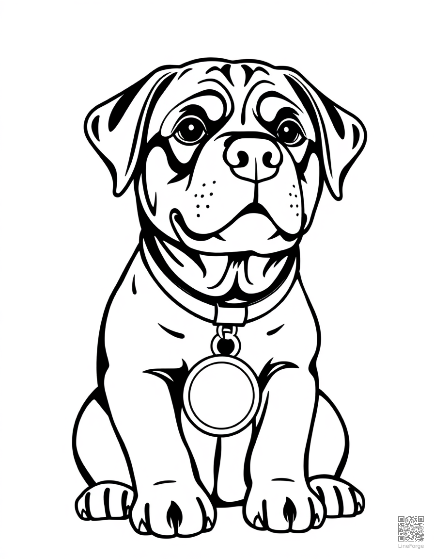 Free rottweiler sitting proudly with a medal coloring page in contour style — printable line art