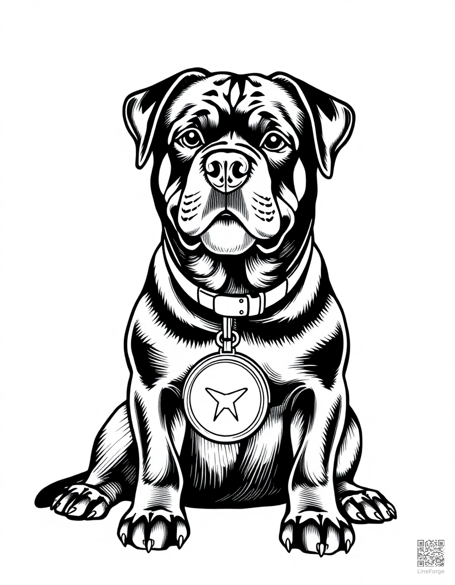 rottweiler sitting proudly with a medal coloring page Crosshatch style - free printable