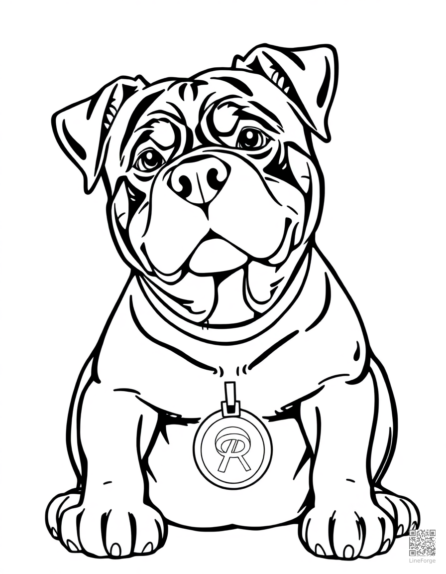 Free rottweiler sitting proudly with a medal coloring page in manga style — printable line art