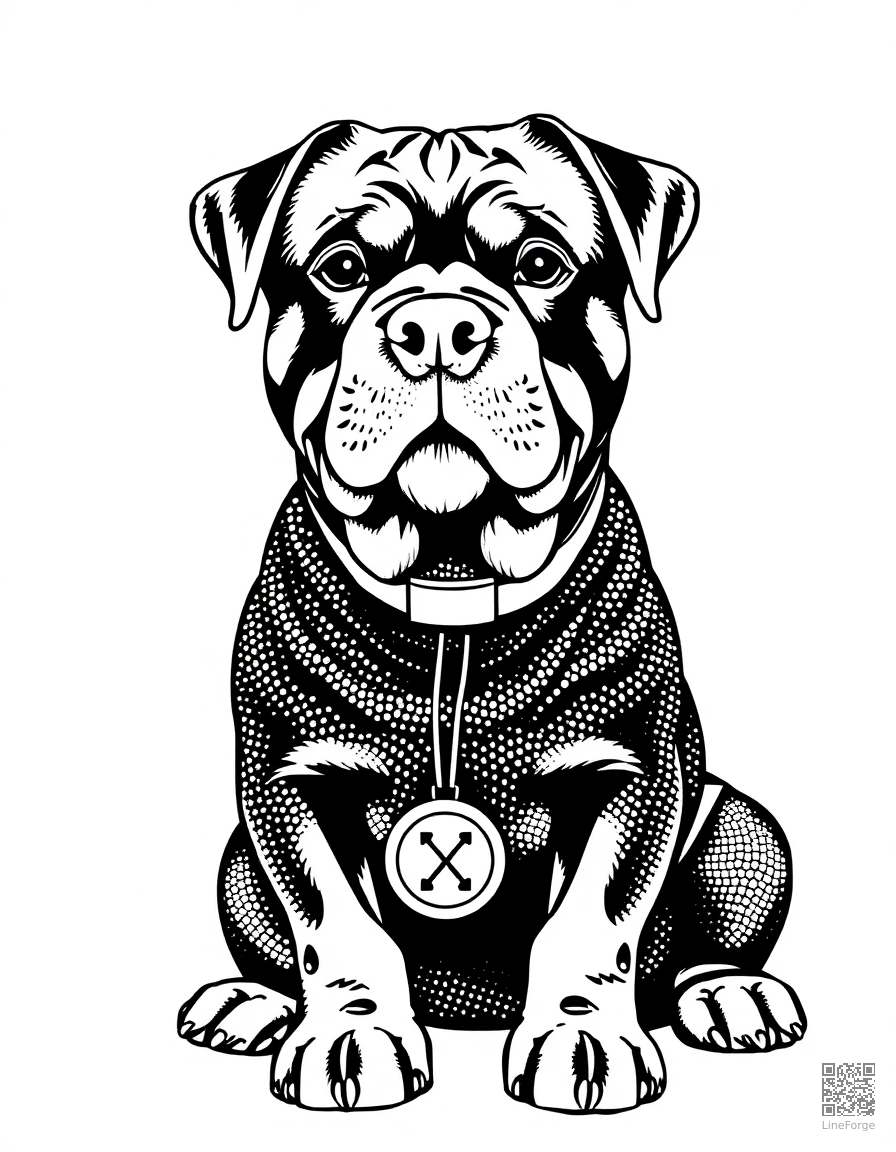 Free rottweiler sitting proudly with a medal coloring page in stipple style — printable line art