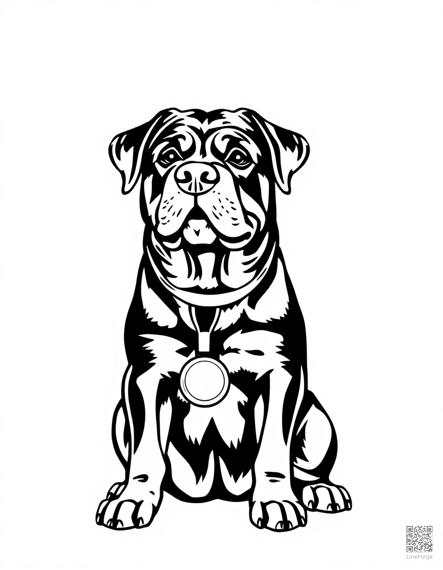 rottweiler sitting proudly with a medal coloring page Woodcut style - free printable