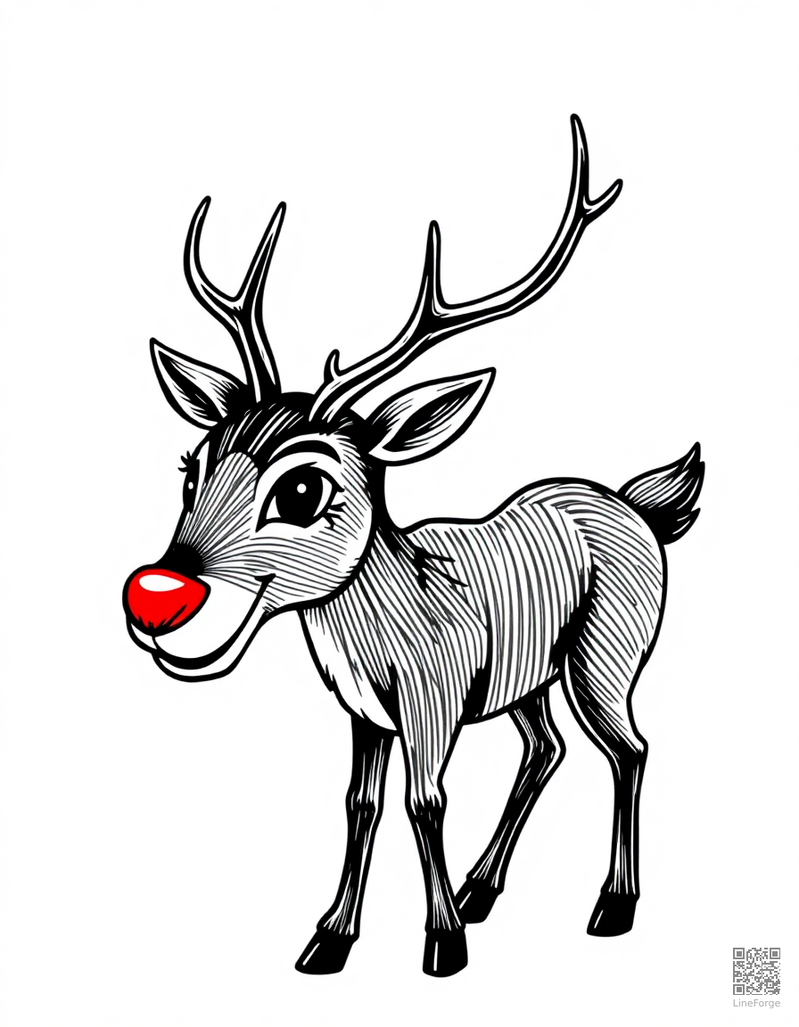 rudolph with his glowing red nose coloring page Crosshatch style - free printable
