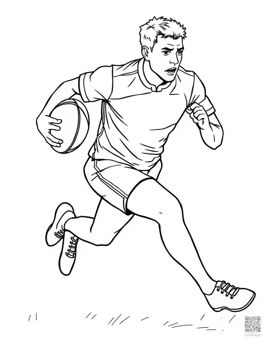 Free rugby player running with the ball coloring page in contour style — printable line art