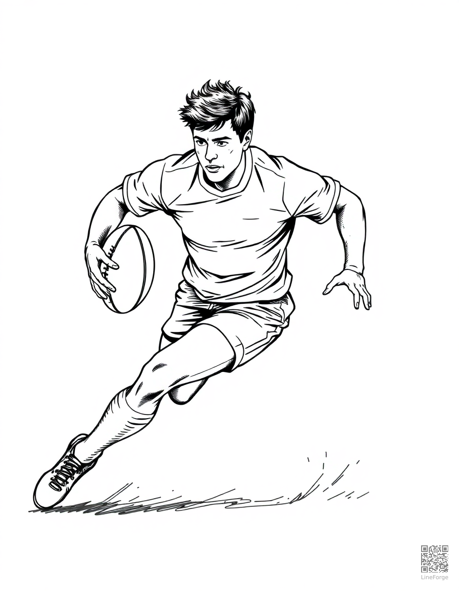 Free rugby player running with the ball coloring page in crosshatch style — printable line art