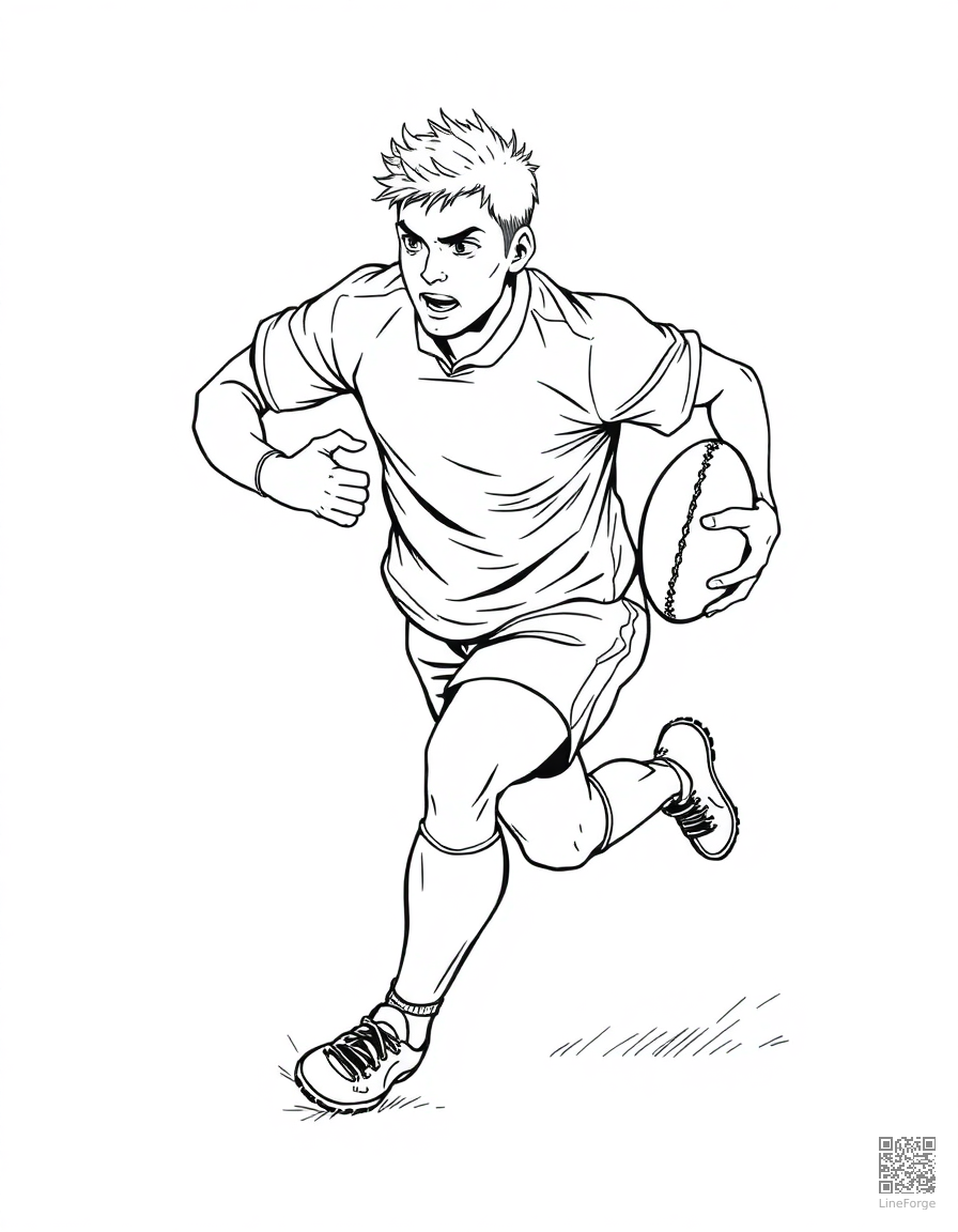 Free rugby player running with the ball coloring page in manga style — printable line art