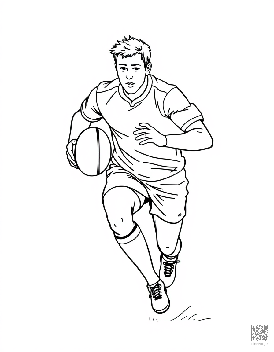 Free rugby player running with the ball coloring page in minimal style — printable line art