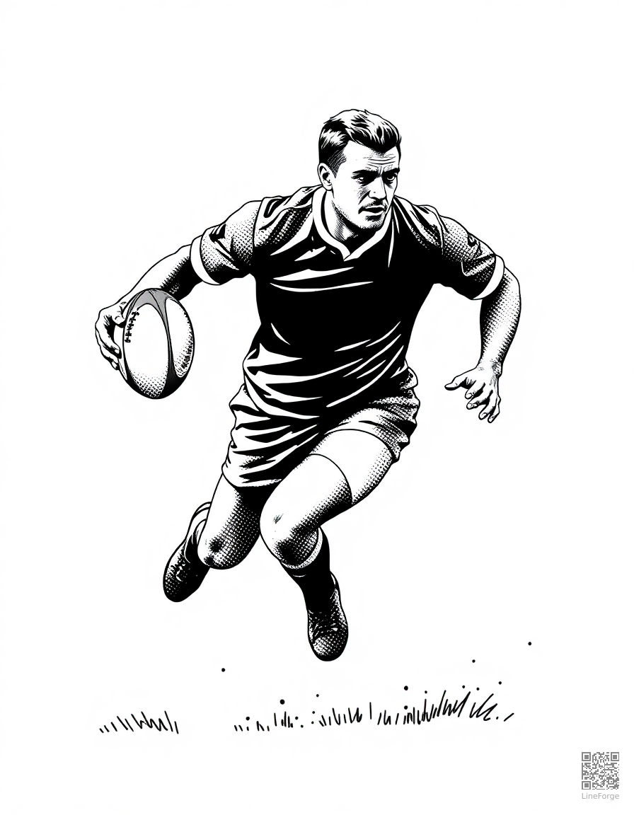 Free rugby player running with the ball coloring page in stipple style — printable line art