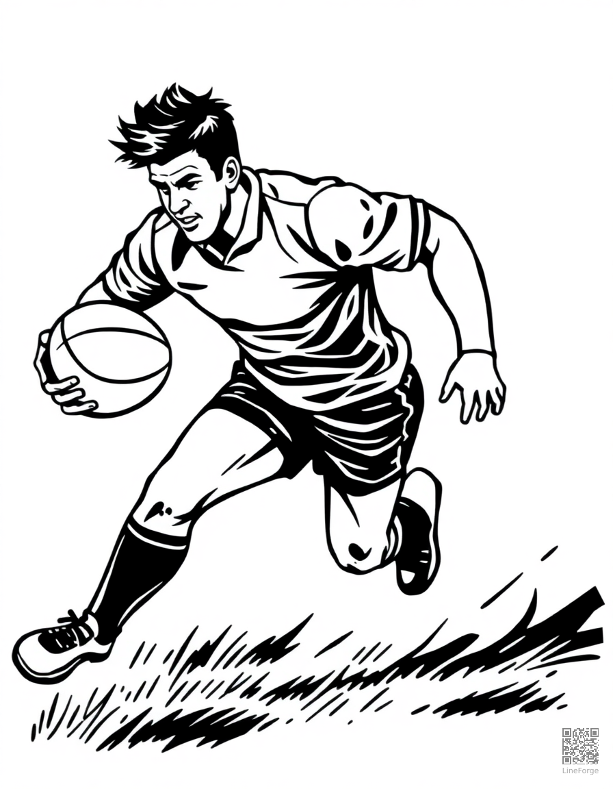 Free rugby player running with the ball coloring page in woodcut style — printable line art