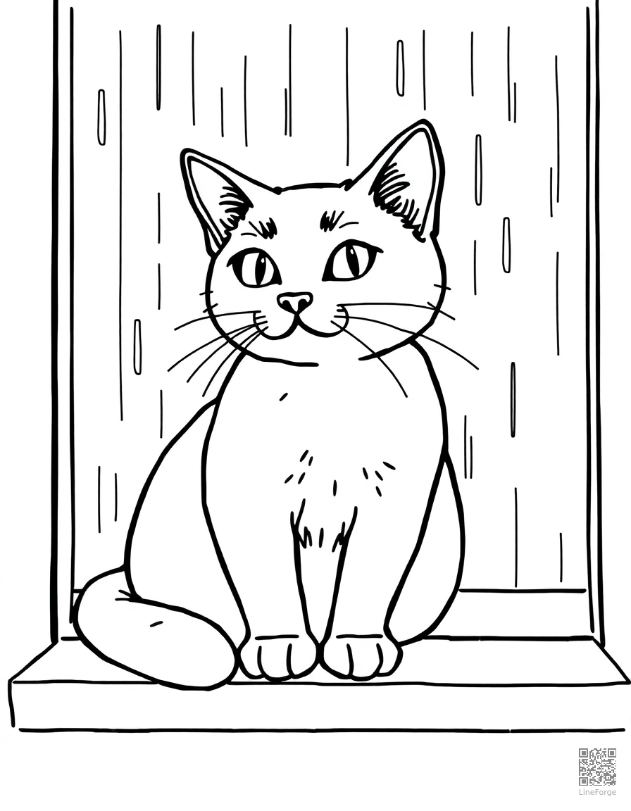 Free russian blue cat sitting on a windowsill in the rain coloring page in contour style — printable line art