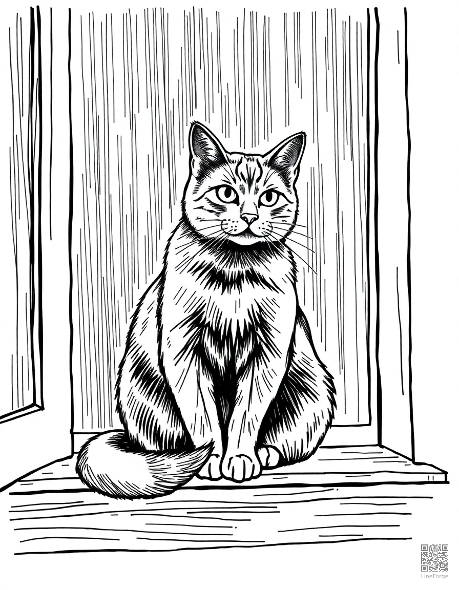 Free russian blue cat sitting on a windowsill in the rain coloring page in crosshatch style — printable line art