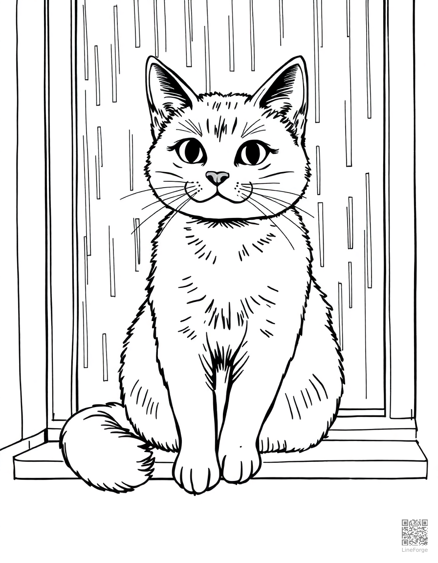 Free russian blue cat sitting on a windowsill in the rain coloring page in manga style — printable line art