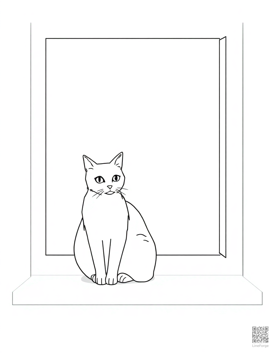Free russian blue cat sitting on a windowsill in the rain coloring page in minimal style — printable line art