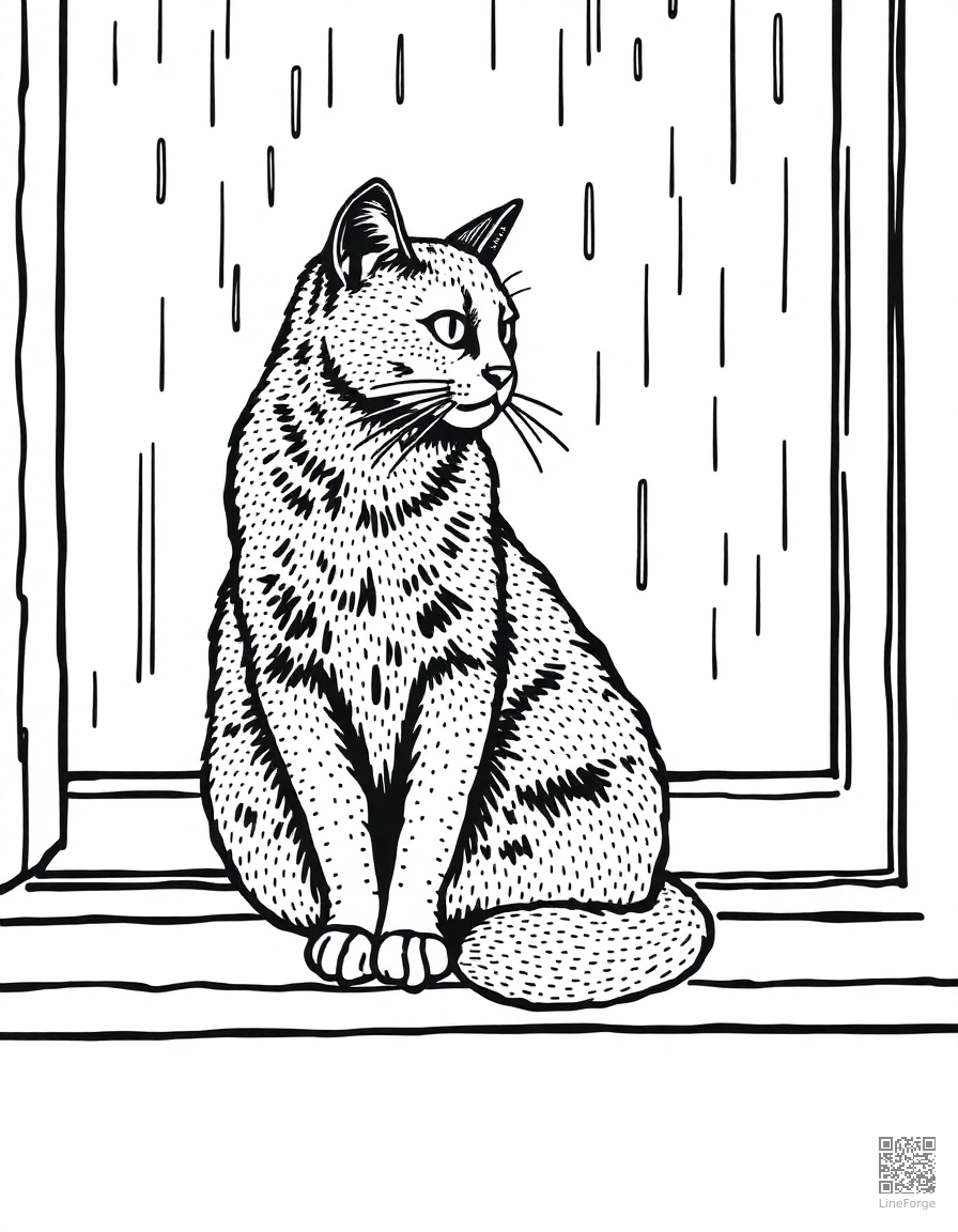 Free russian blue cat sitting on a windowsill in the rain coloring page in stipple style — printable line art
