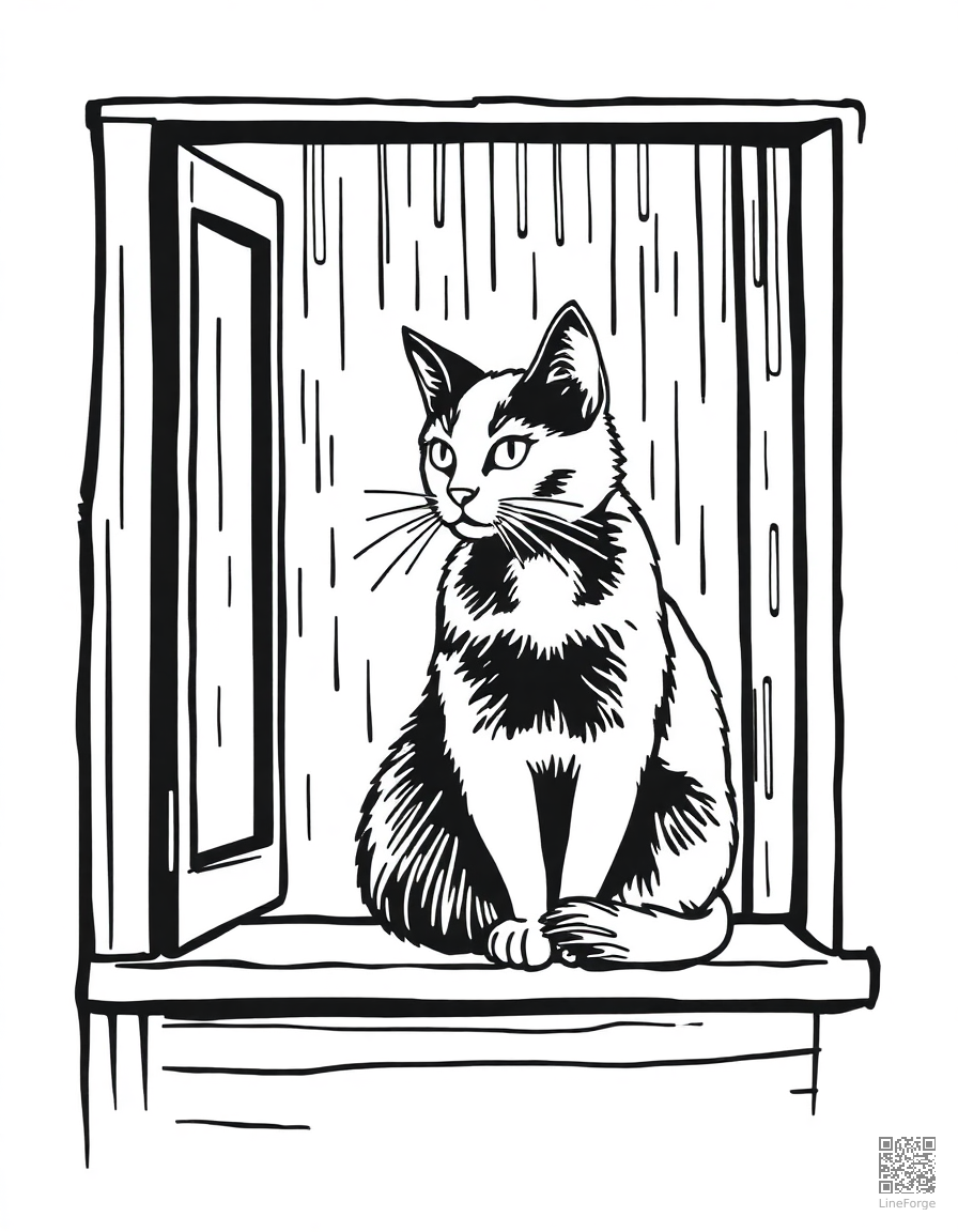 Free russian blue cat sitting on a windowsill in the rain coloring page in woodcut style — printable line art