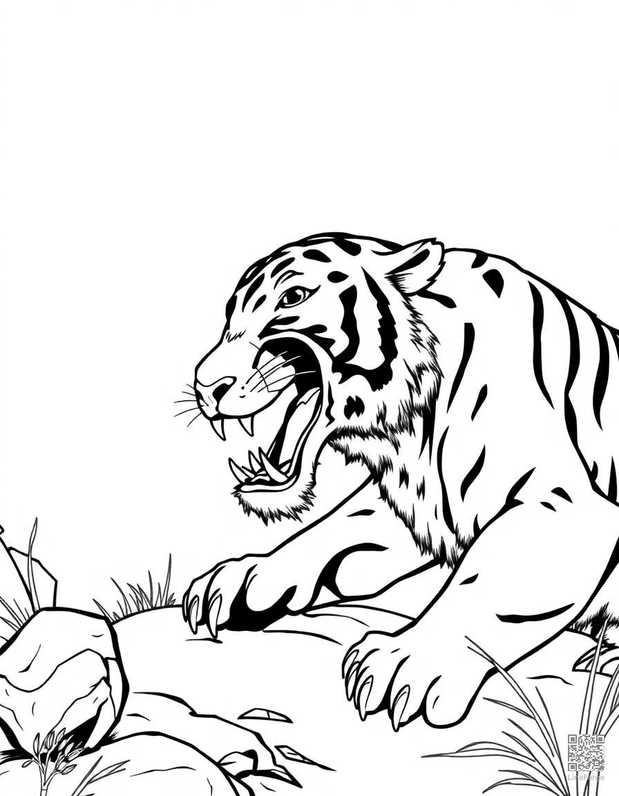 saber-toothed tiger hunting in ice age coloring page Contour style - free printable
