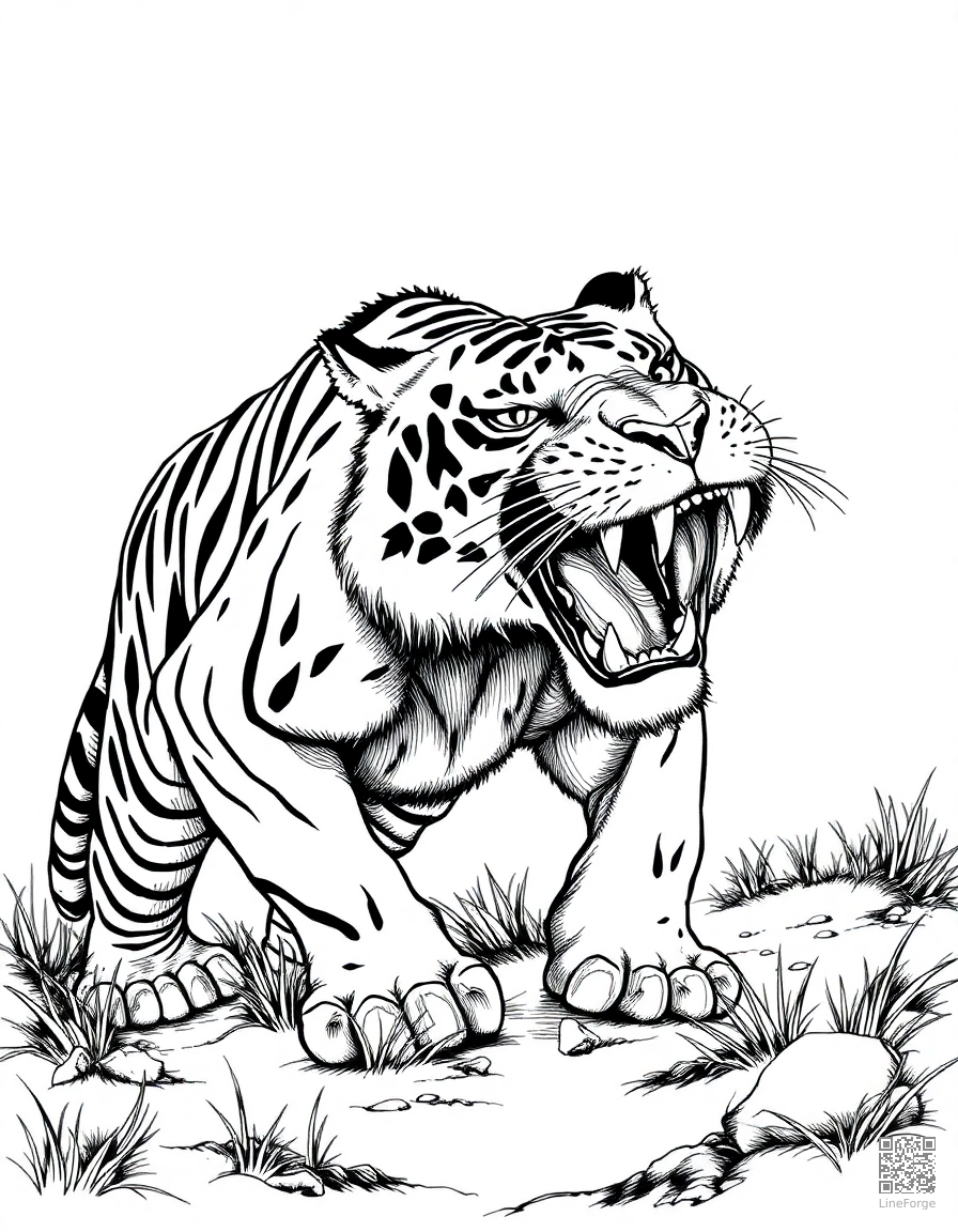 saber-toothed tiger hunting in ice age coloring page Crosshatch style - free printable