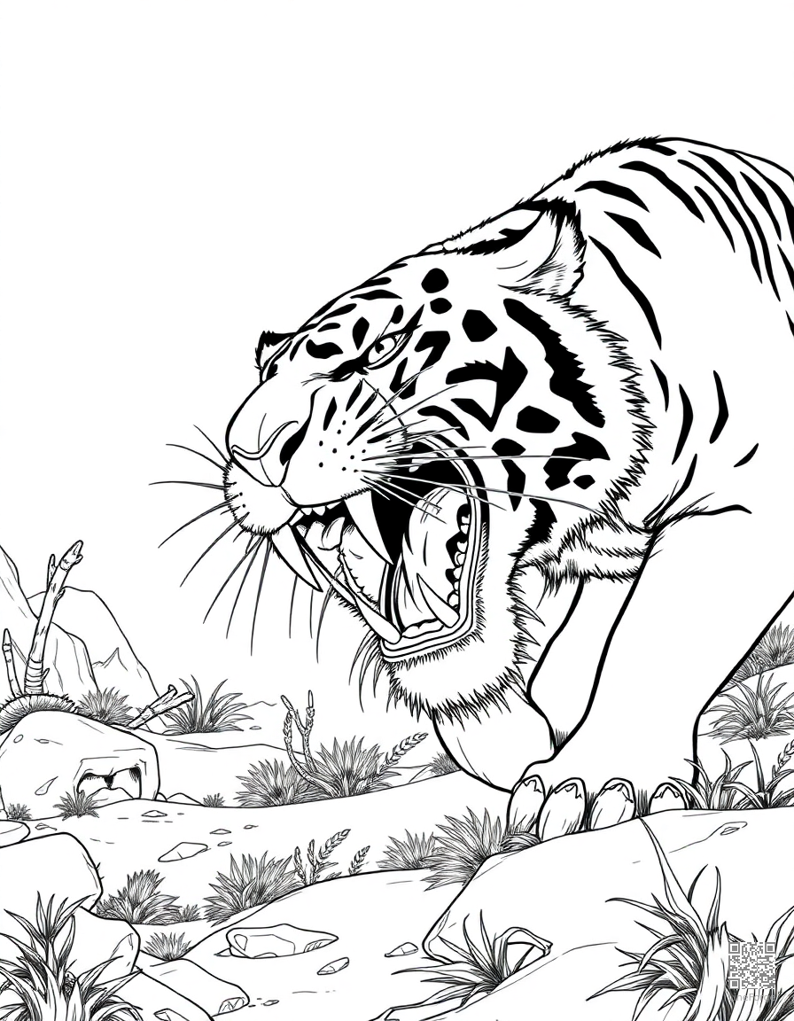 saber-toothed tiger hunting in ice age coloring page Manga style - free printable