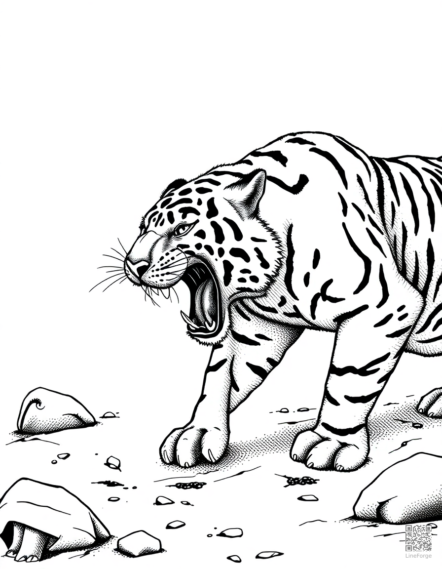 saber-toothed tiger hunting in ice age coloring page Stipple style - free printable