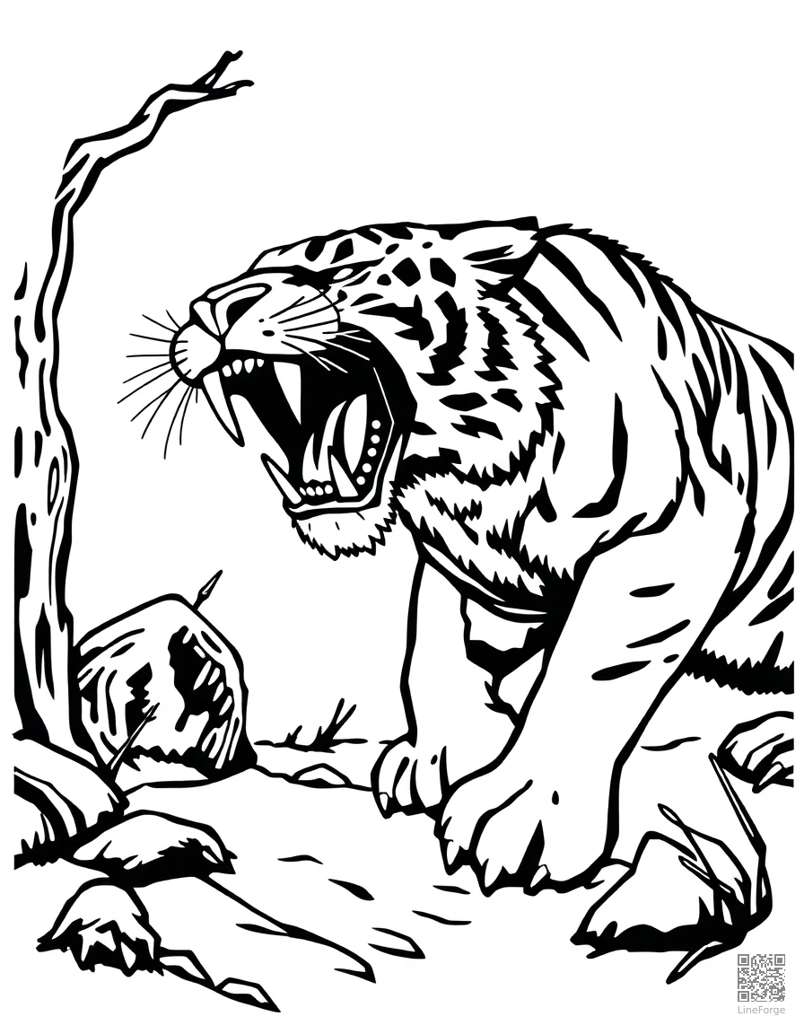 saber-toothed tiger hunting in ice age coloring page Woodcut style - free printable