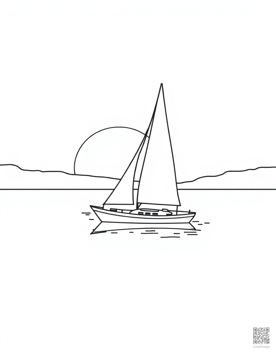 Free sailboat on a calm lake at sunset coloring page in contour style — printable line art