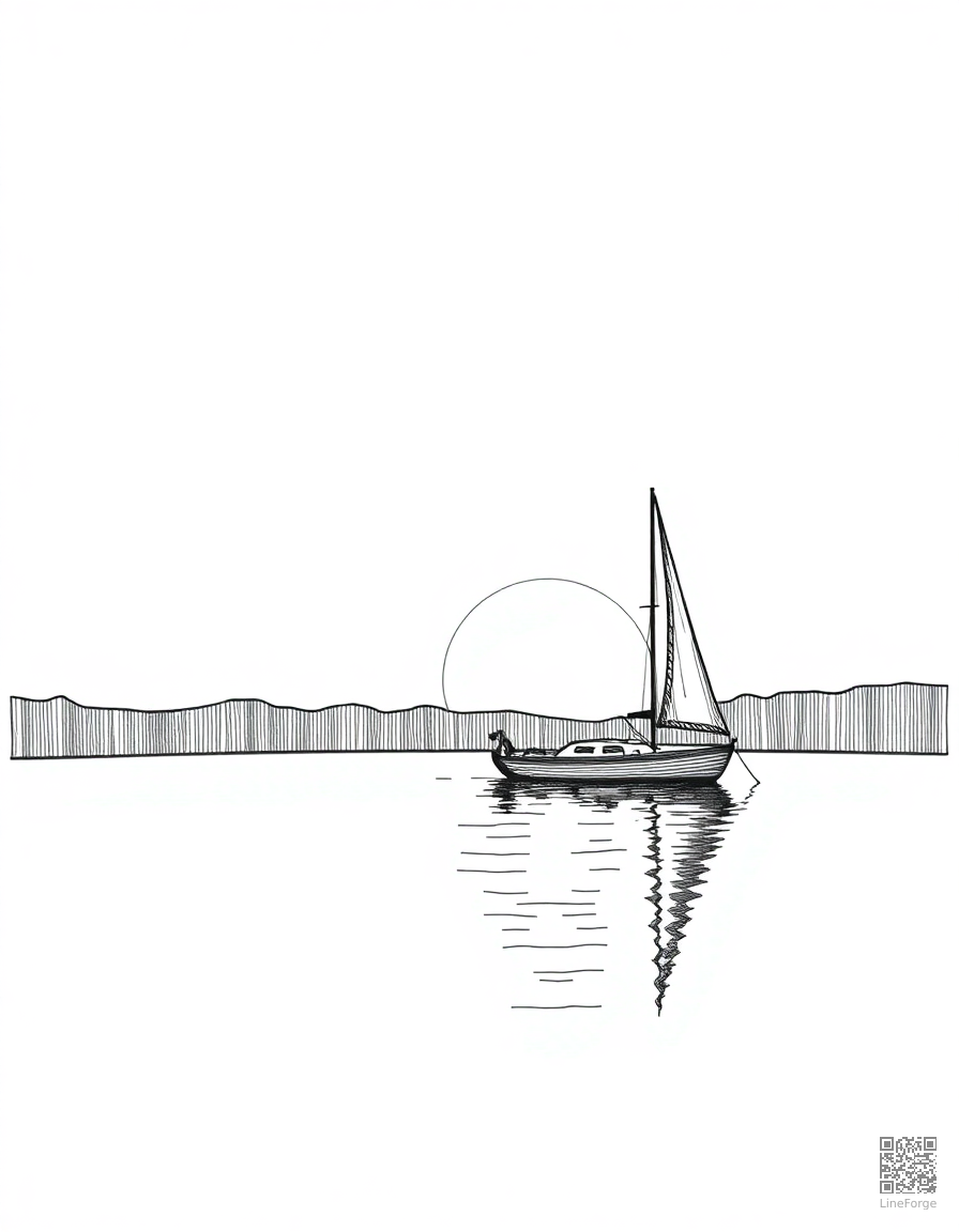 Free sailboat on a calm lake at sunset coloring page in crosshatch style — printable line art