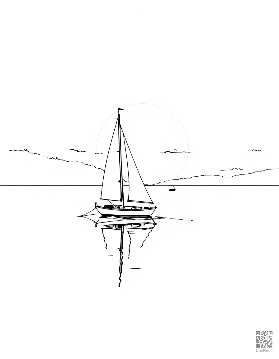Free sailboat on a calm lake at sunset coloring page in manga style — printable line art
