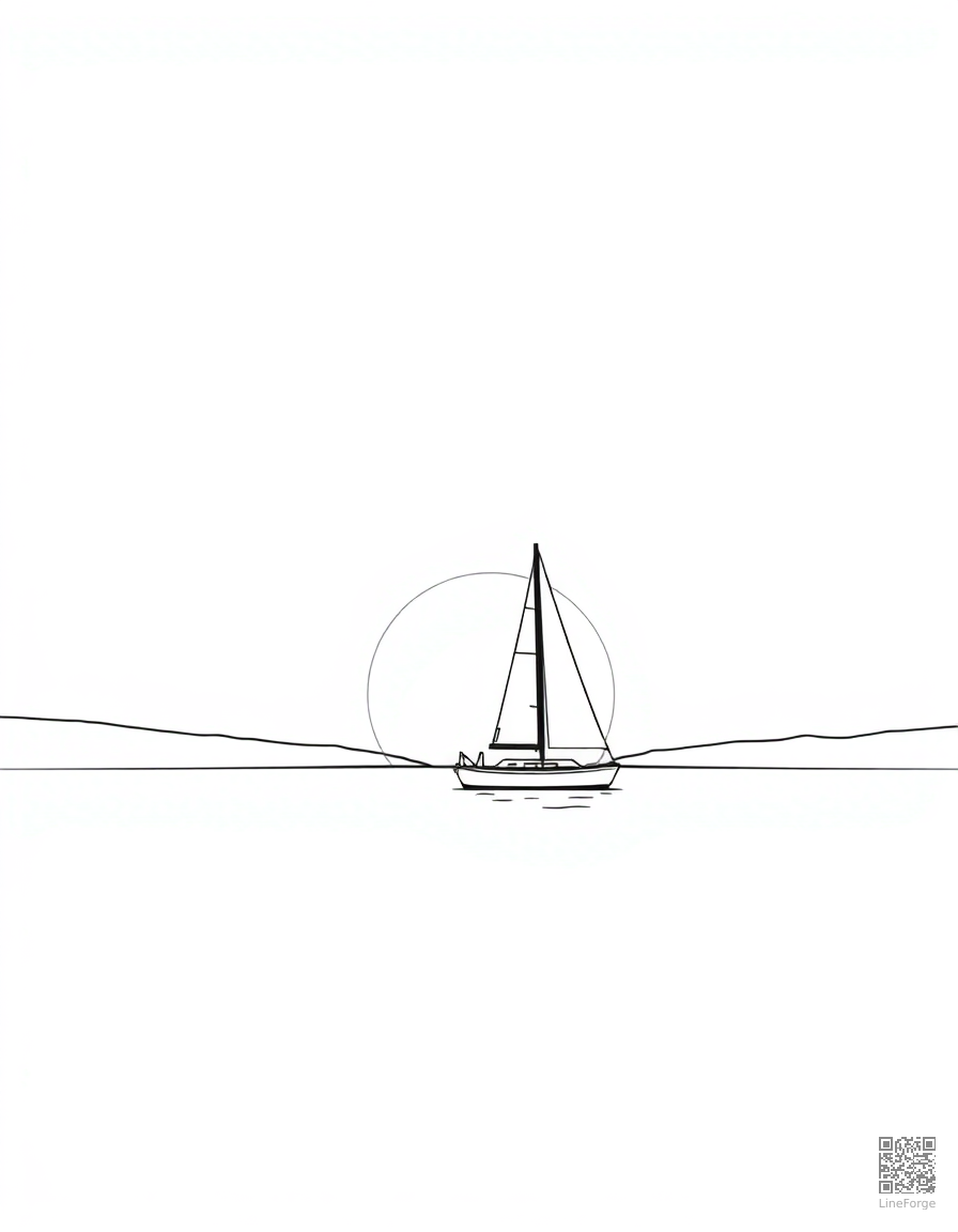 Free sailboat on a calm lake at sunset coloring page in minimal style — printable line art