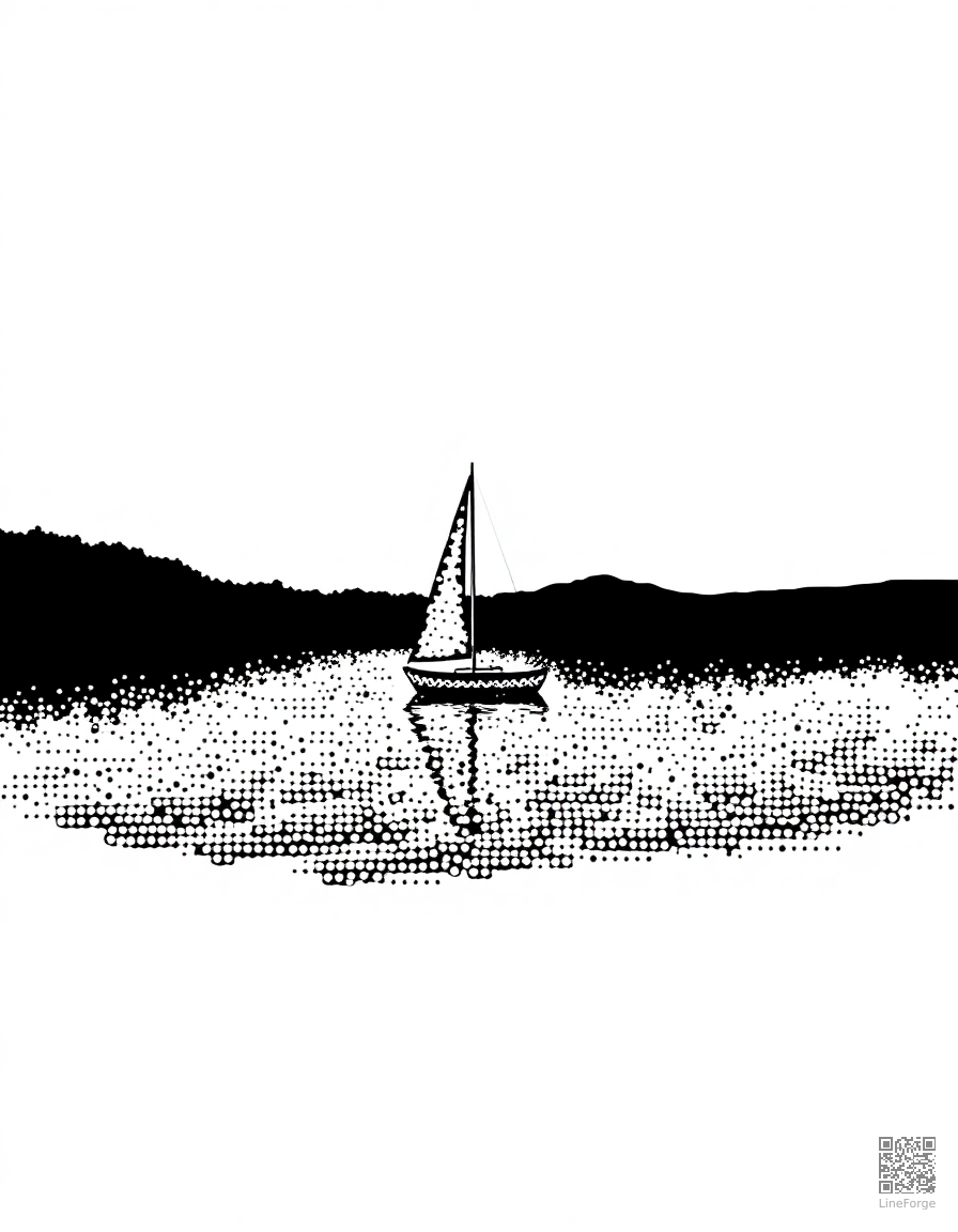 Free sailboat on a calm lake at sunset coloring page in stipple style — printable line art