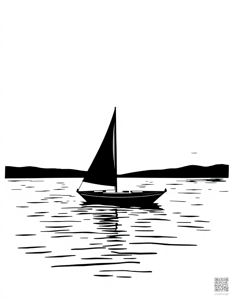 Free sailboat on a calm lake at sunset coloring page in woodcut style — printable line art