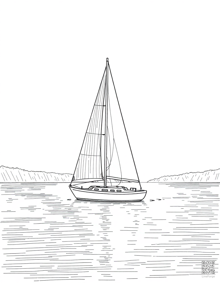 Sailboat on a calm lake coloring page Crosshatch style - free printable
