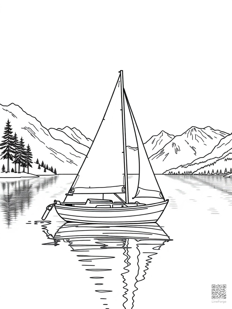 Sailboat on a calm lake with mountains behind coloring page Contour style - free printable