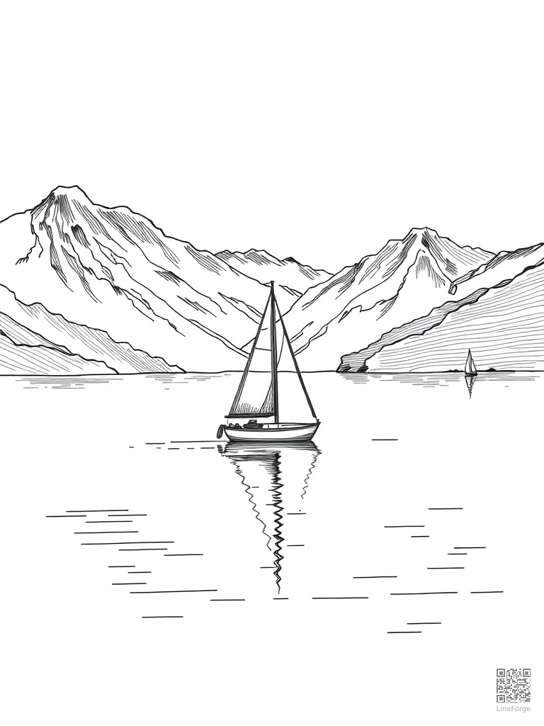Sailboat on a calm lake with mountains behind coloring page Crosshatch style - free printable
