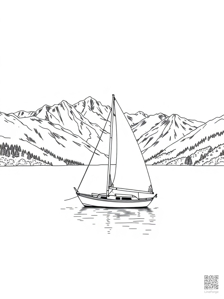 Sailboat on a calm lake with mountains behind coloring page Manga style - free printable
