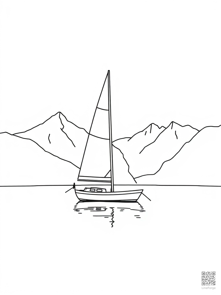 Sailboat on a calm lake with mountains behind coloring page Minimal style - free printable