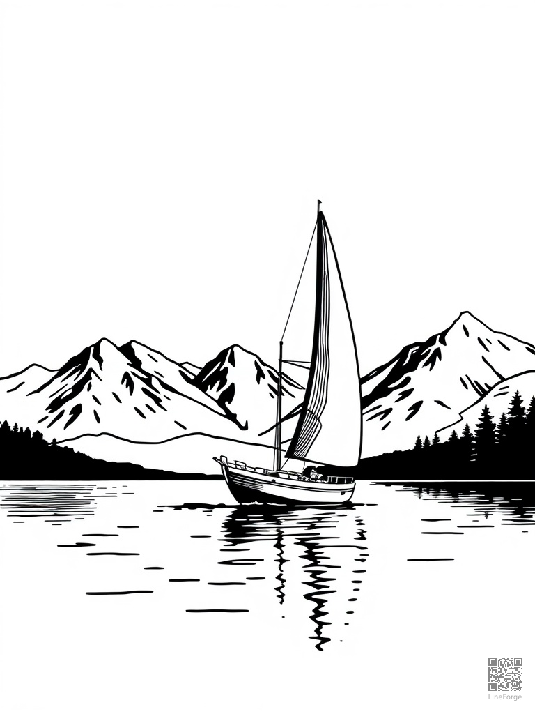 Sailboat on a calm lake with mountains behind coloring page Woodcut style - free printable
