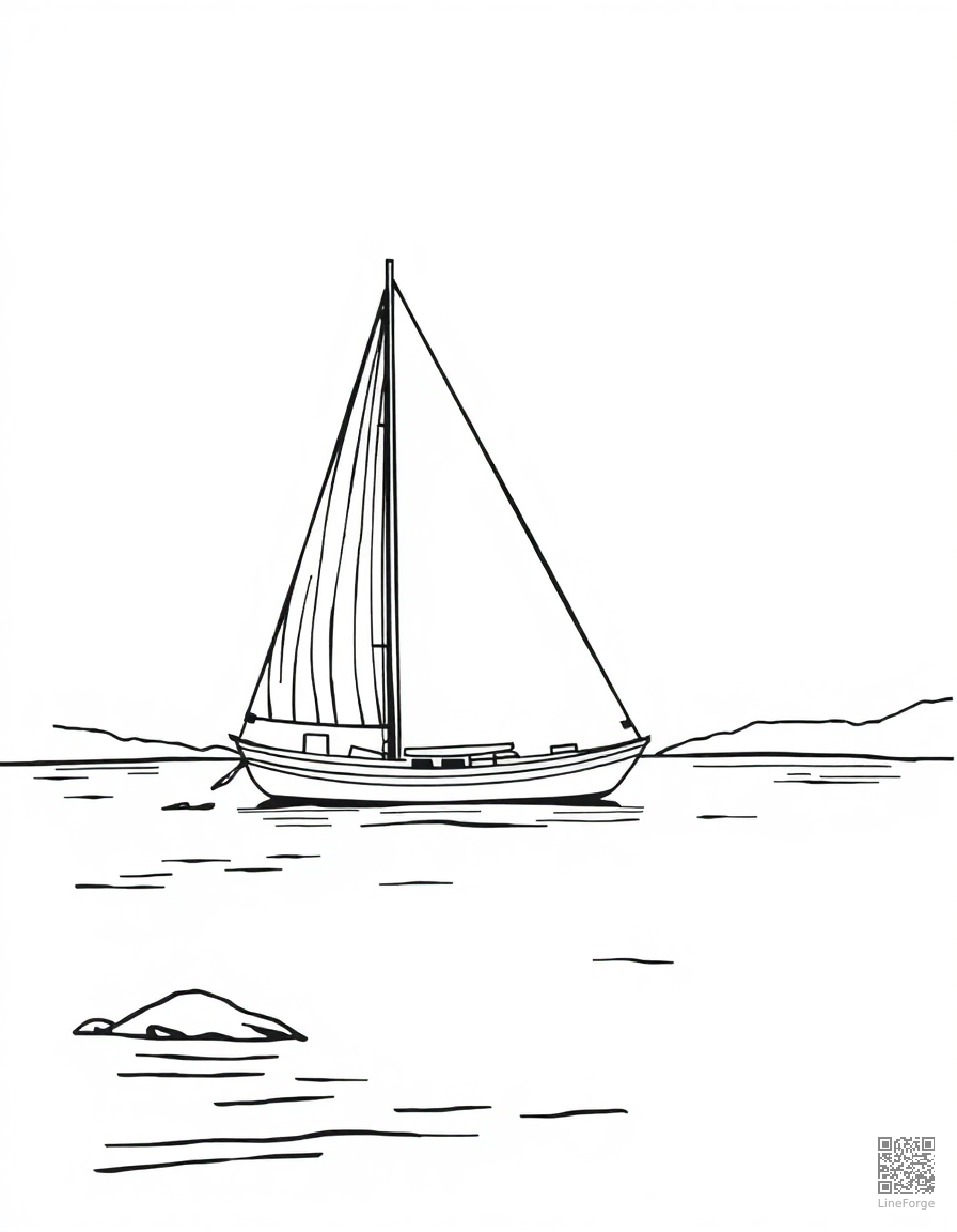 Free sailboat on a calm lake coloring page in woodcut style — printable line art