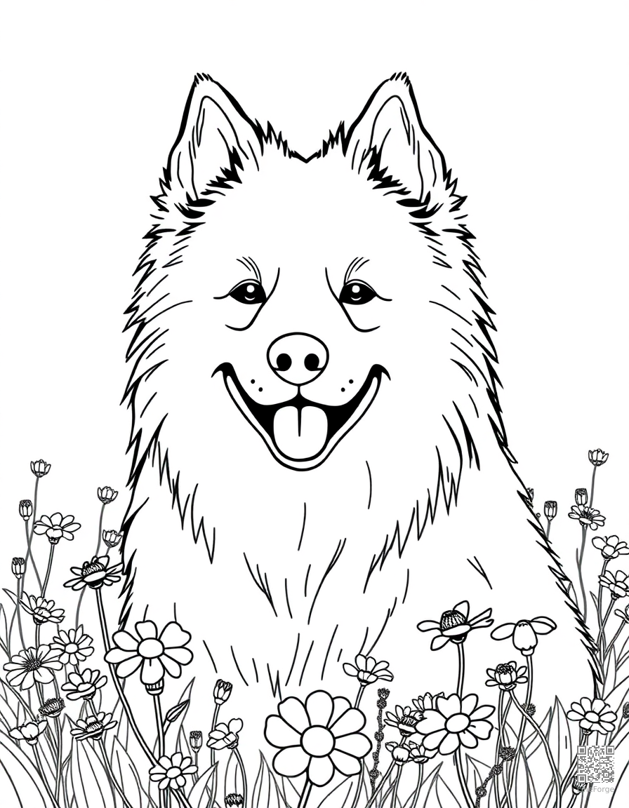 Free samoyed smiling in a field of wildflowers coloring page in contour style — printable line art