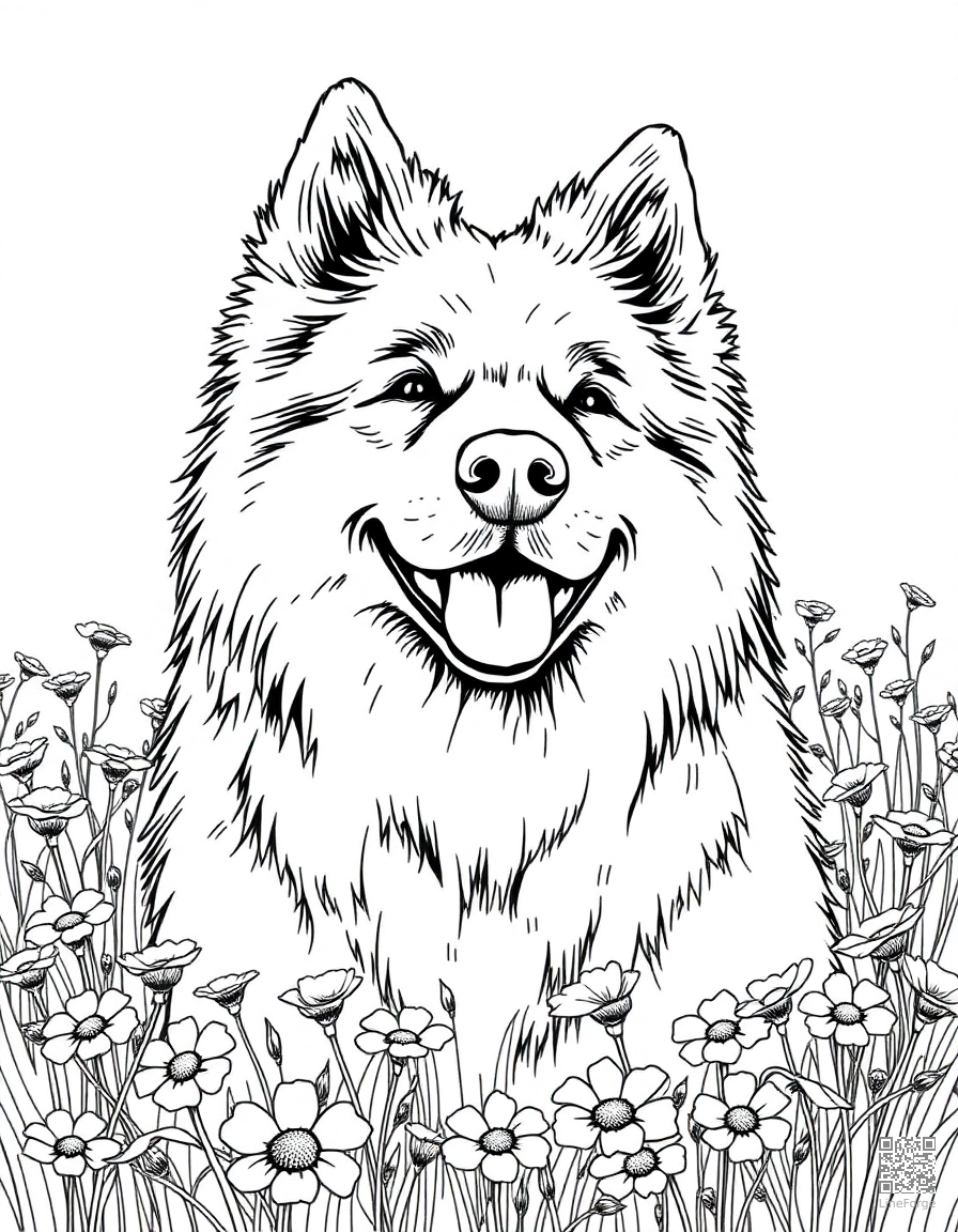 Free samoyed smiling in a field of wildflowers coloring page in crosshatch style — printable line art