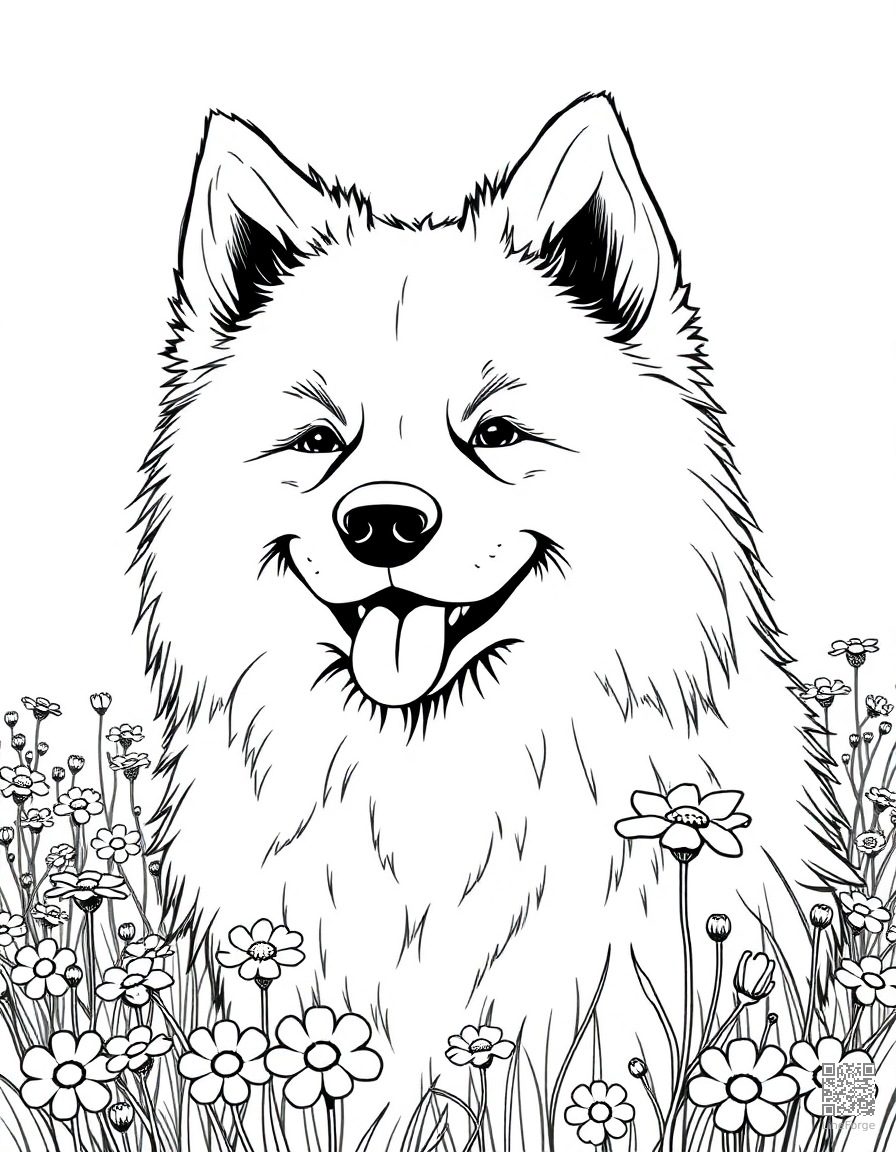 Free samoyed smiling in a field of wildflowers coloring page in manga style — printable line art