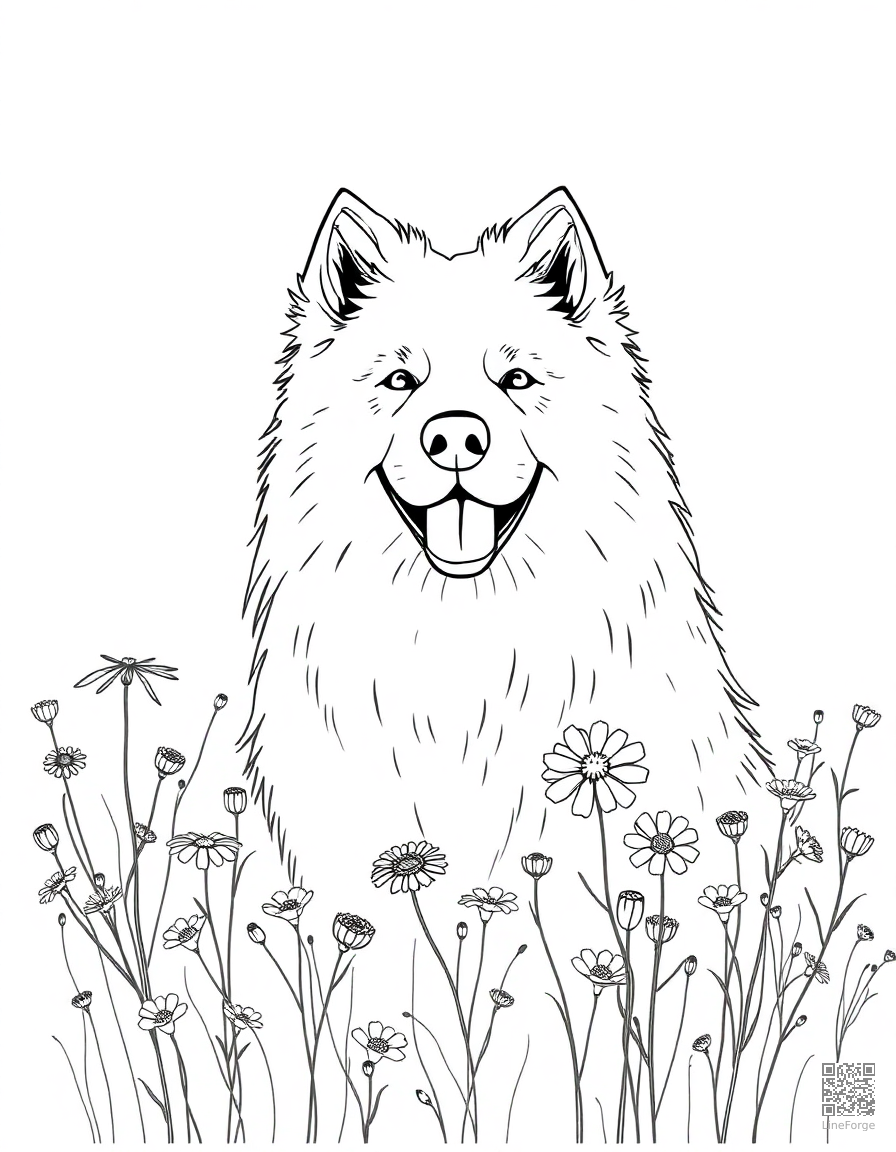 samoyed smiling in a field of wildflowers coloring page Minimal style - free printable