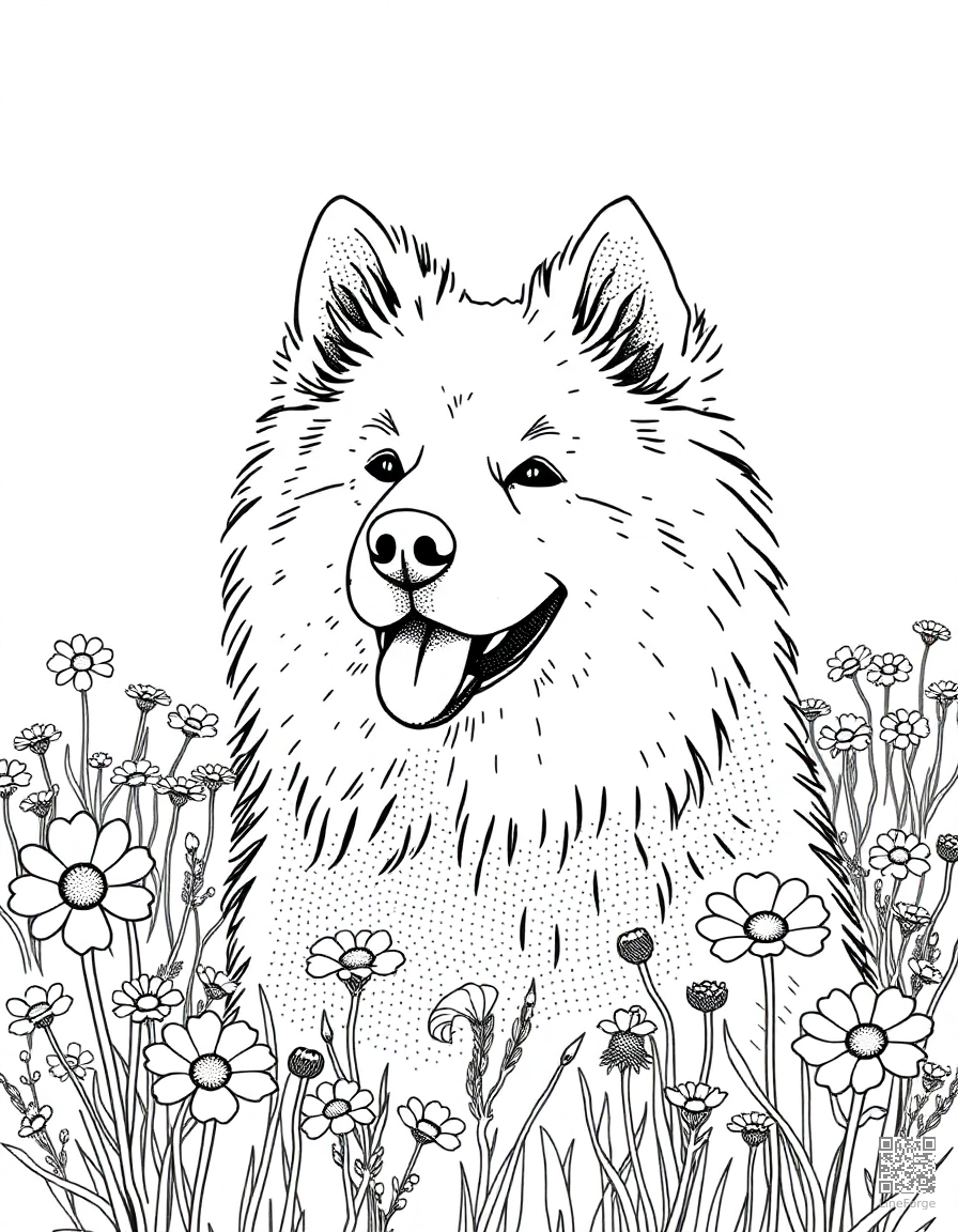 Free samoyed smiling in a field of wildflowers coloring page in stipple style — printable line art