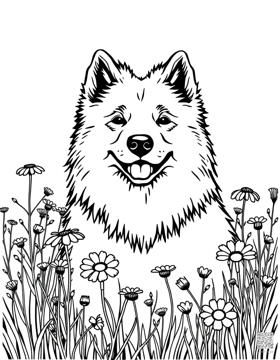 samoyed smiling in a field of wildflowers coloring page Woodcut style - free printable
