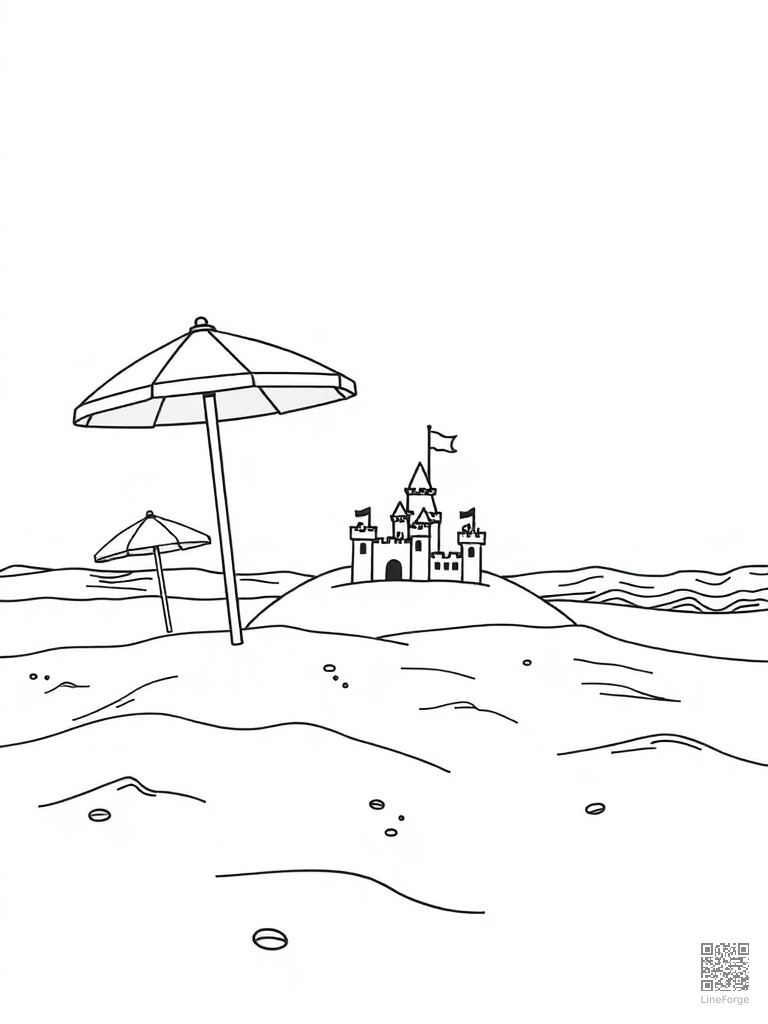 Sandy beach with umbrellas sandcastle and waves coloring page Contour style - free printable