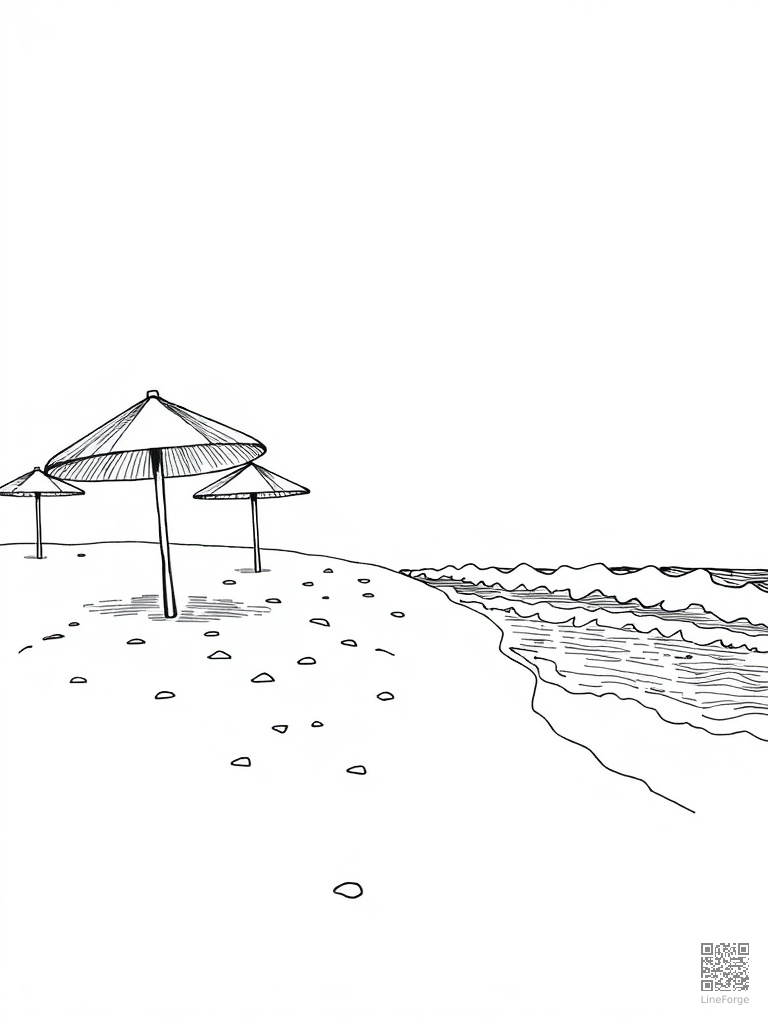 Sandy beach with umbrellas sandcastle and waves coloring page Crosshatch style - free printable