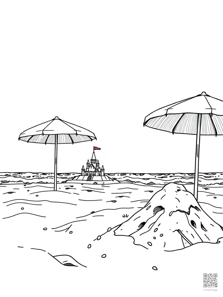 Sandy beach with umbrellas sandcastle and waves coloring page Manga style - free printable