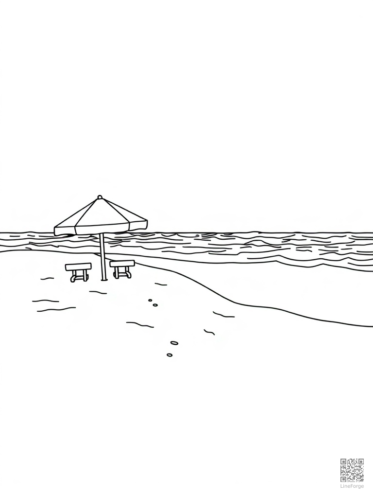 Sandy beach with umbrellas sandcastle and waves coloring page Minimal style - free printable