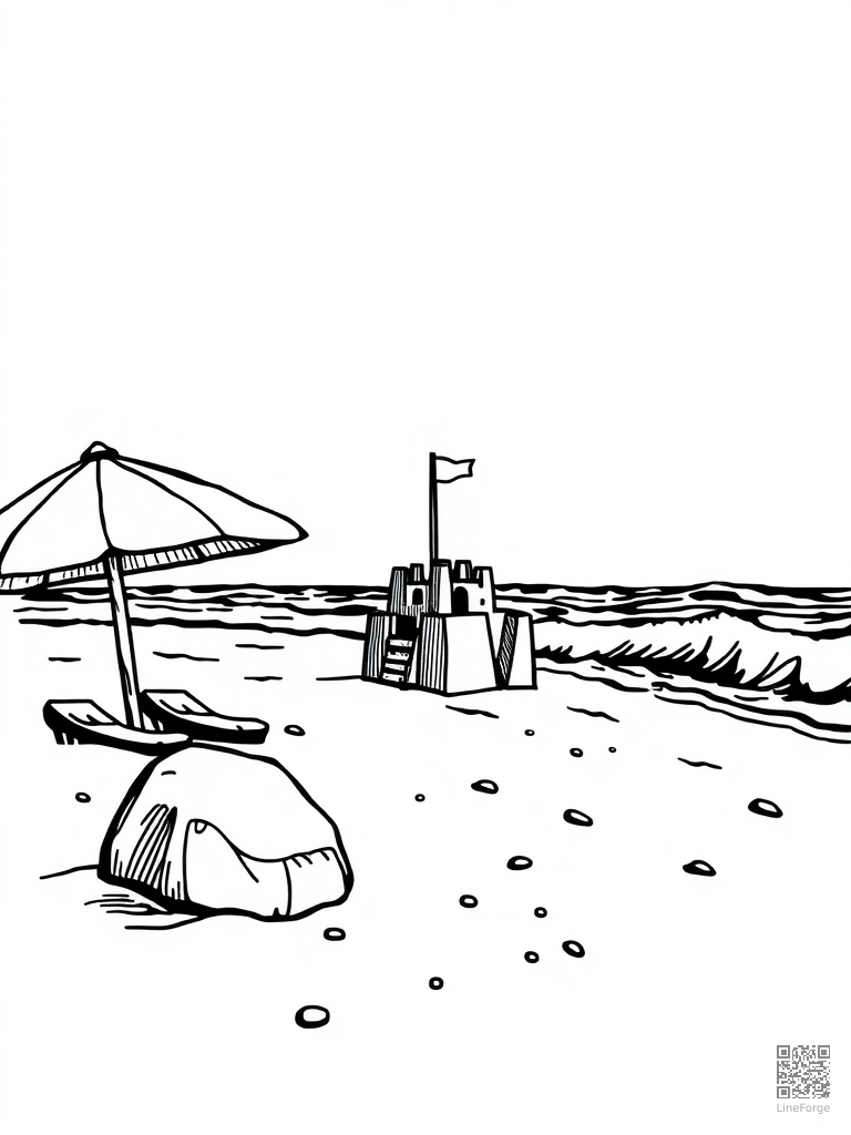 Sandy beach with umbrellas sandcastle and waves coloring page Woodcut style - free printable
