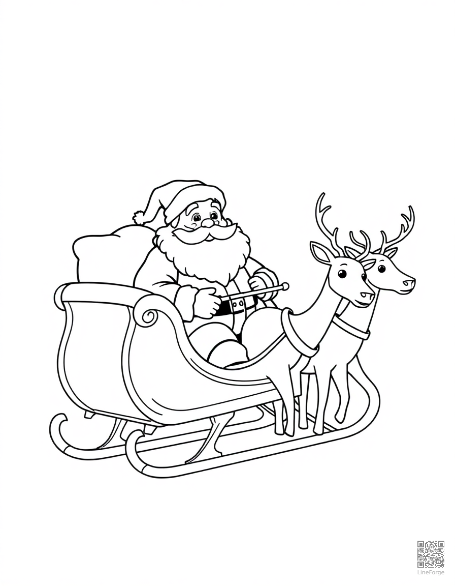 Santa Claus in his sleigh with reindeer coloring page Contour style - free printable