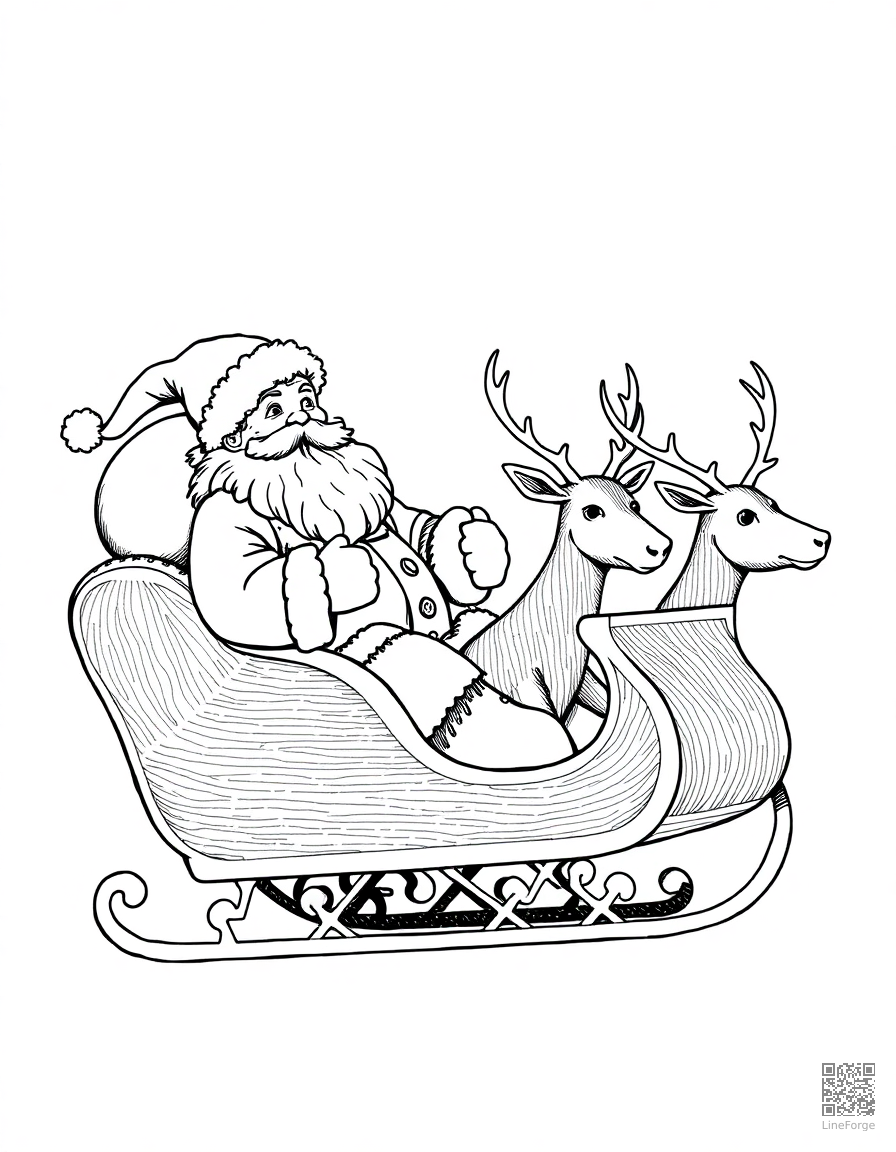 Santa Claus in his sleigh with reindeer coloring page Crosshatch style - free printable