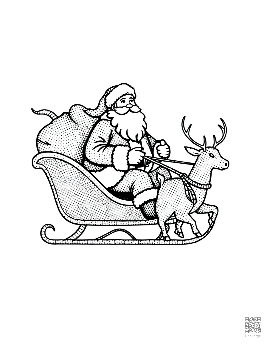 Santa Claus in his sleigh with reindeer coloring page Stipple style - free printable